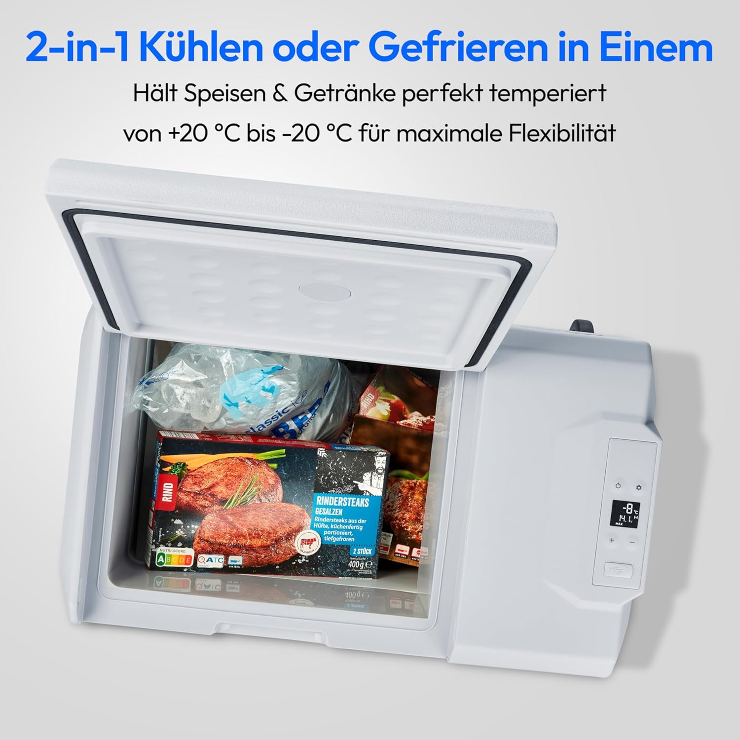MEDION mobile elektrische Kompressor Kühlbox (40L Kapazität, elektrisch, Mini Kühlschrank & Gefrierbox, USB, 230V 12V 24V KFZ Adapter, für Auto LKW Wohnwagen Camping Boot Garten Festival, MD13111)
