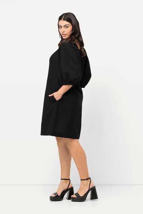 Midikleid, Leinenmix, A-Linie, Carree-Ausschnitt, Halbarm