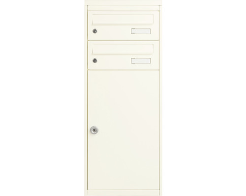 MEFA pakketbrievenbus, gepoedercoat staal, BxHxD 410/1025/325 mm, Mana 482, zuiver wit RAL 9010, zijdemat, frontuitname, 3 compartimenten met 2 naamplaatjes