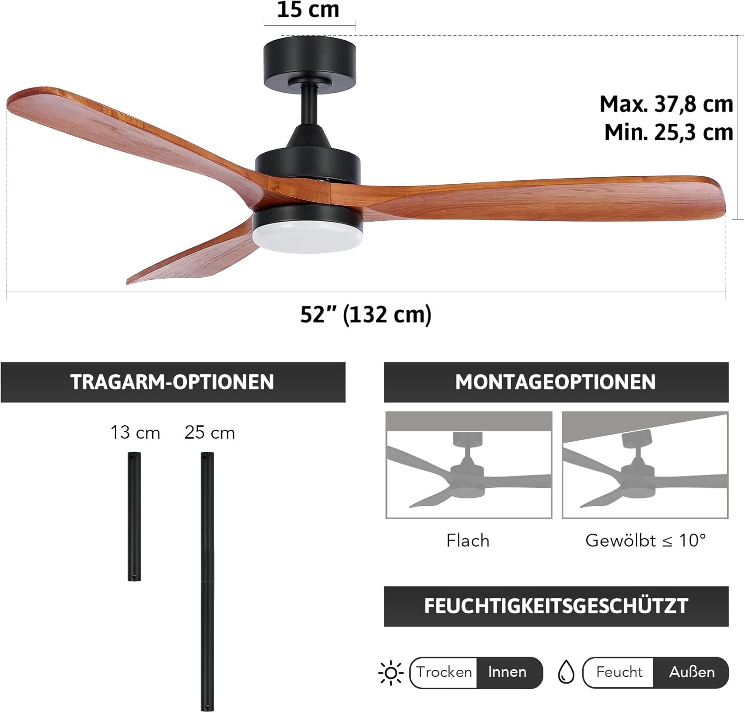 VONLUCE Deckenventilator mit Fernbedienung 52 Zoll Holz Ventilator LED-Leuchte Sommer&Winter-Betrieb Leiser DC-Motor für Innen und überdachten Außenbereich, Walnuss