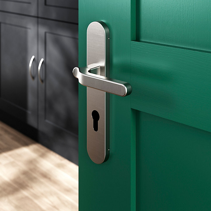 Ensemble poignée sur plaque rondcylindre GoodHome Prat effet nickel satin gris L.129mm x l.42mm entraxe 165-195mm