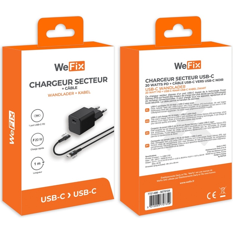 Chargeur pour téléphone mobile Wefix Chargeur secteur 20W + Cable USB-C 1m Noir