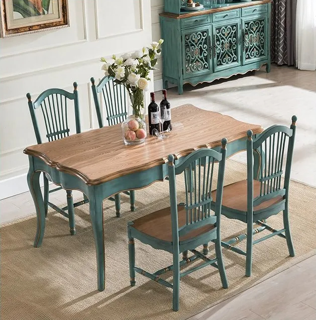 Conjunto de mesa e cadeiras de jantar em madeira maciça, estilo europeu mediterrâneo - 1,8 m