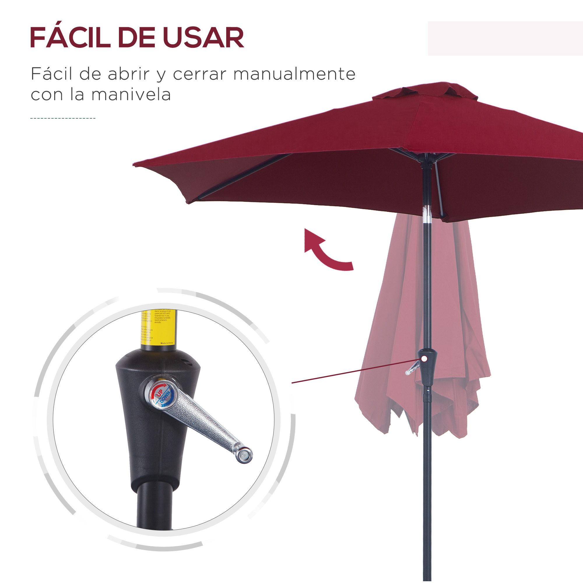 Guarda-sol de jardim Outsunny Ø260x235 cm em alumínio com cabo reclinável, manivela e 6 varetas para terraço e varanda, vermelho