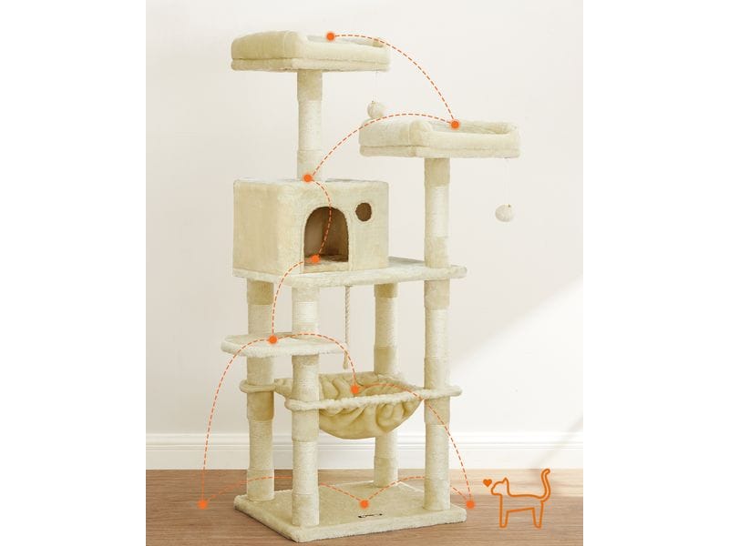 Feandrea Kratzbaum mit Hängematte 143 cm, Beige Kuscheliges Katzenhaus