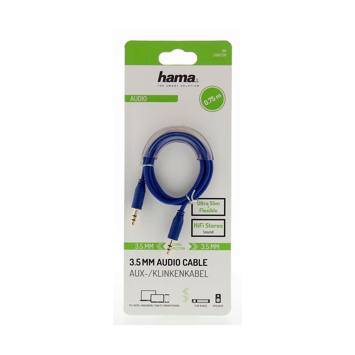 HAMA Lydkabel Flexi-Slim 3,5mm-3,5mm Gull Blå 0,75m