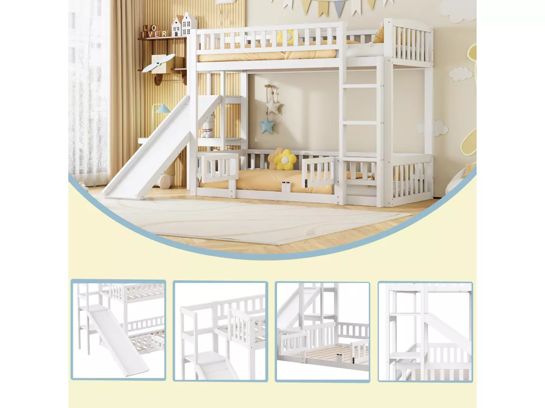 Lits superposés 2 x 90 x 200 cm avec toboggan, étagères et barrières de protection - Pin+MDF - pour enfant - Blanc (sans matelas)