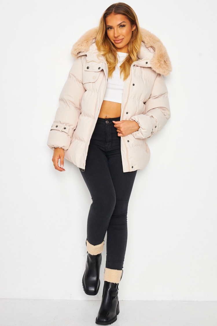 Doudoune beige ceinturée à capuche
