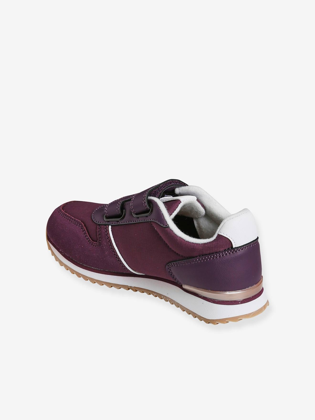 Tênis de corrida lisos, vermelho escuro, para meninas, com fecho de velcro.