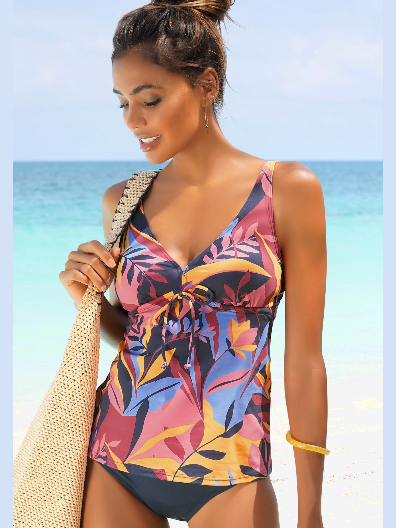 Tankini à armatures imprimé feuilles abstrait