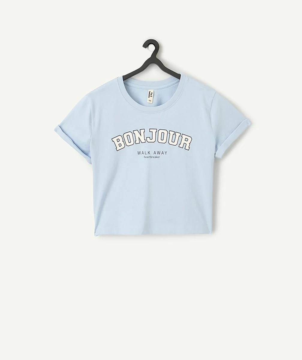 t-shirt manches courtes fille en coton bio bleu bébé et message bonjour
