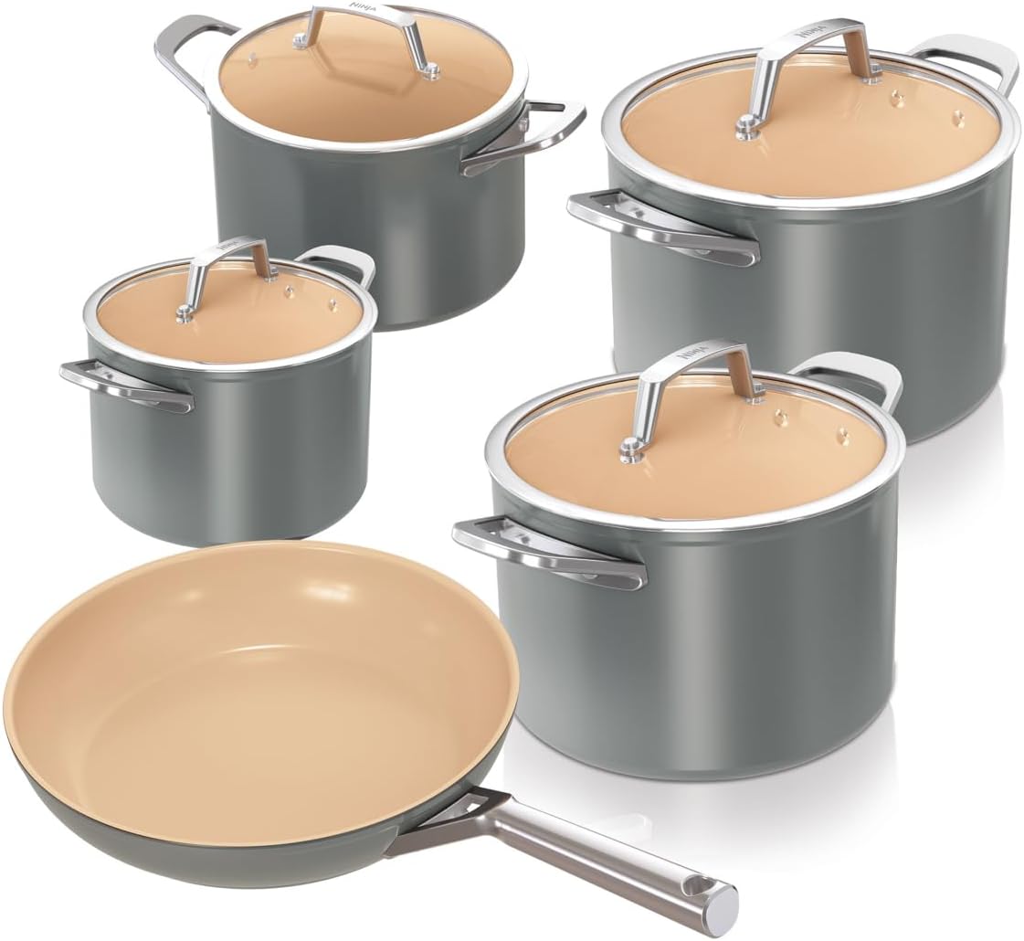 Ninja Extended Life Keramic Kochset 5-teilig (20 & 24 cm Sauteuse + 16, 18 & 20 cm Töpfe & Deckel), Antihaftbeschichtet (ohne PFAs, PFOAs, Blei, Cadmium), Backofenfest, Grau & Terracotta CW95000EUUKDB