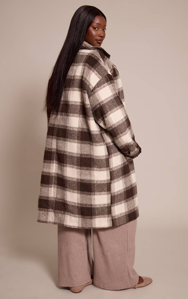 Marron Manteau Long Grande Taille À Carreaux Structuré Double Boutonnage Effet Laine