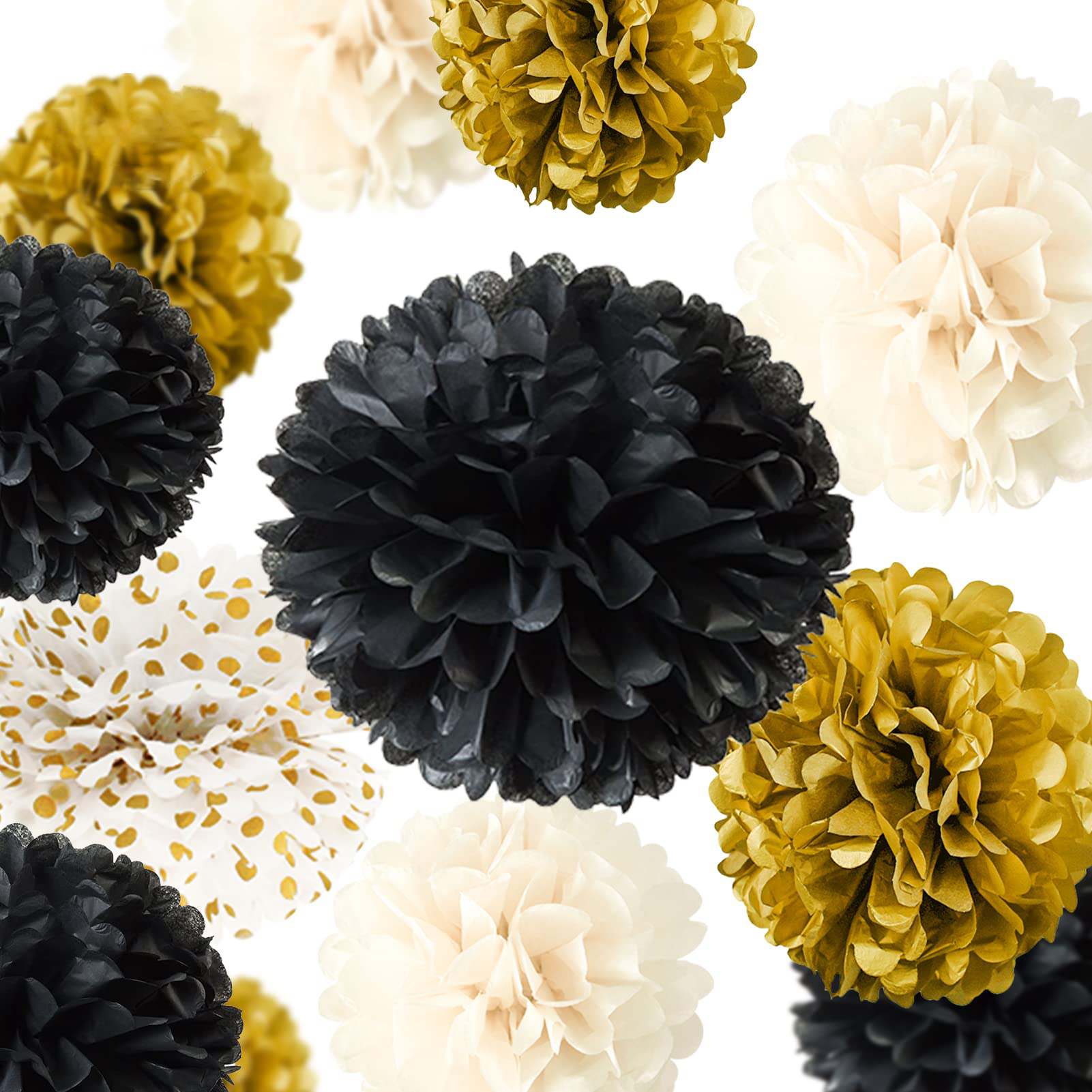 (15-tlg. Set) Papier Pompon's Deko Kreis Girlande Party / Geburtstag / Hochzeit - Schwarz / Gold / Beige