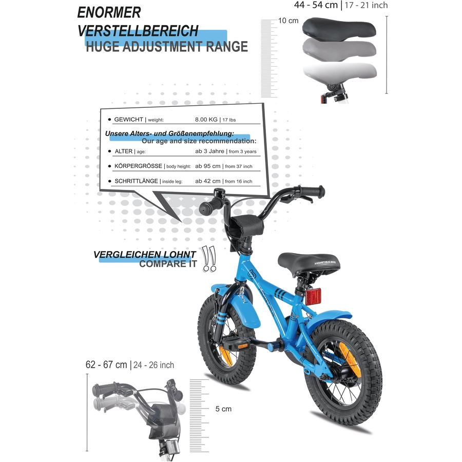 PROMETHEUS BICYCLES® BLUE HAWK Kinderfahrrad 12 in Blau & Schwarz ab 3 Jahre mit Stützräder