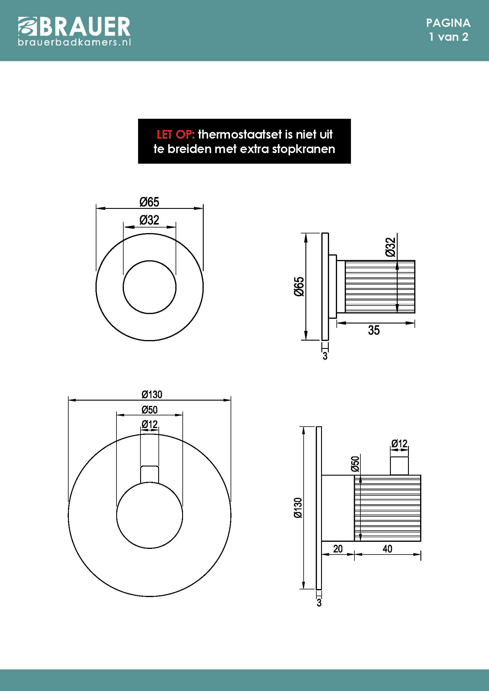 Brauer Stripe inbouwthermostaat met 2 stopkranen chroom
