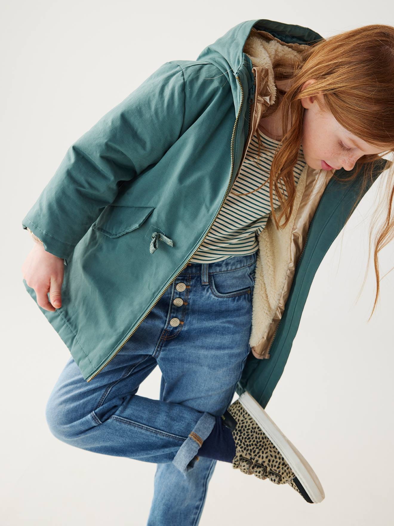 Parka verde com capuz para meninas, jaqueta acolchoada brilhante e forro de sherpa 3 em 1