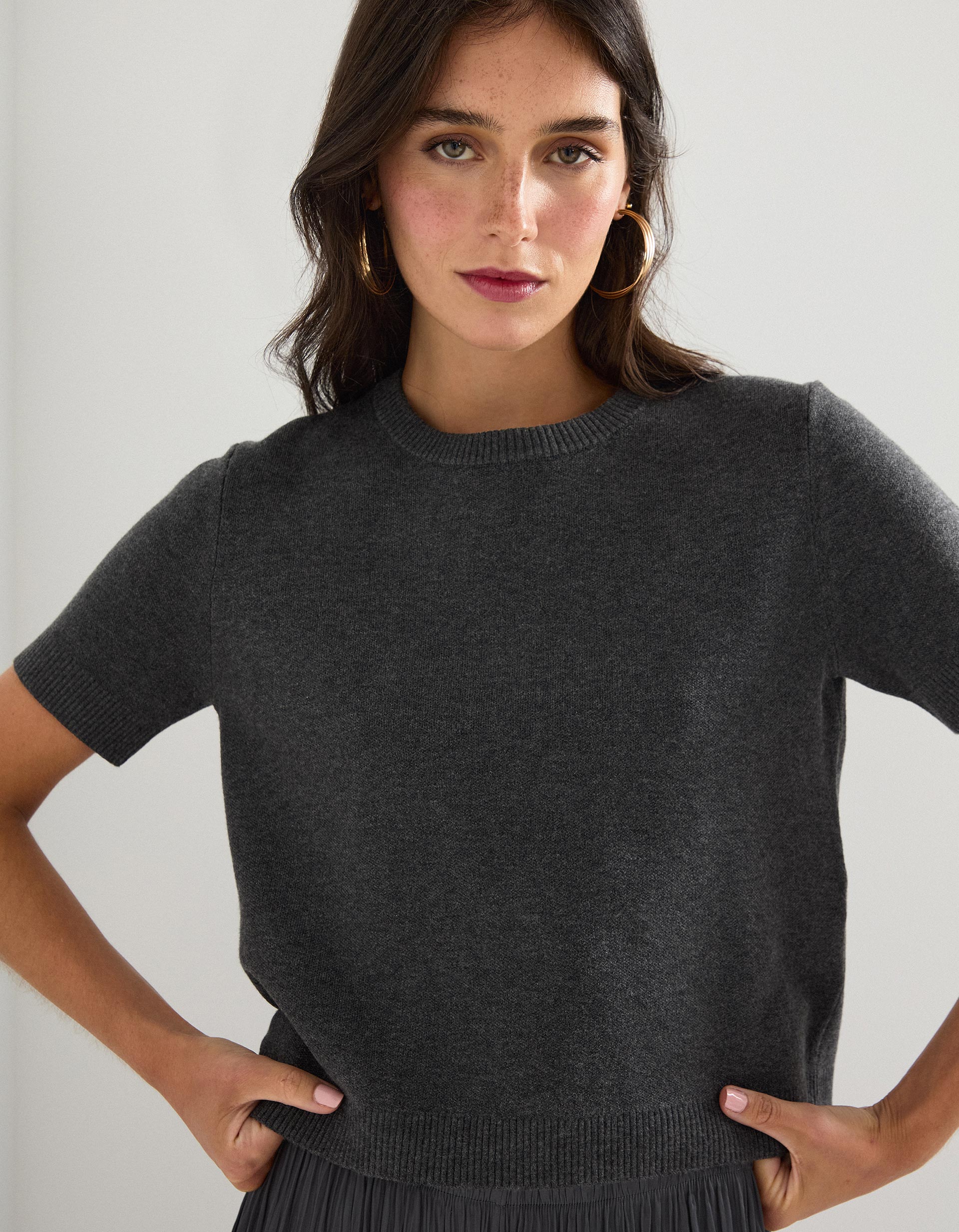 T-shirt de Malha, Mulher, Cinzento Escuro