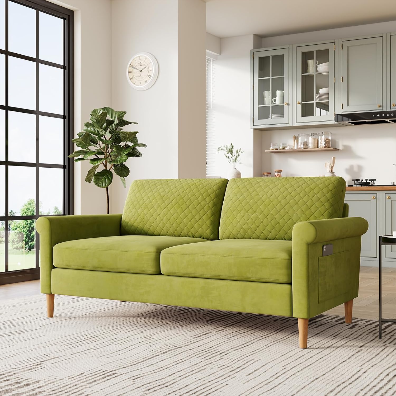 Vesgantti 2 Sitzer Sofa Grün, Stoff Doppelsofa 164 cm mit beidseitigen Taschen, Sofa mit Kissen Montage ohne Werkzeug für Wohnzimmer, Schlafzimmer, Büro 164L*76D*85H cm