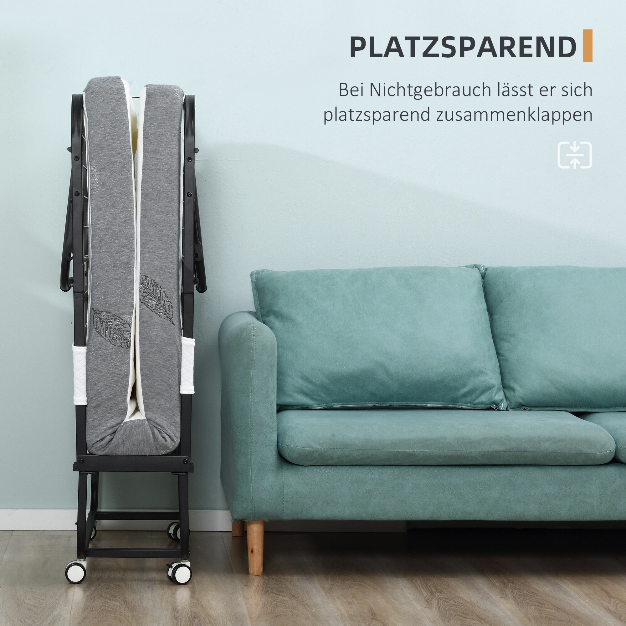 HOMCOM Klappbett mit Reißverschluss, 4 Universalrädern schwarz, weiß 200L x 75B x 42,5H cm
