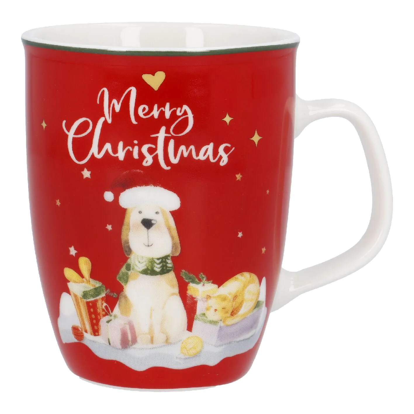 Weihnachtsbecher Hund mit Geschenk, rot - 300 ml