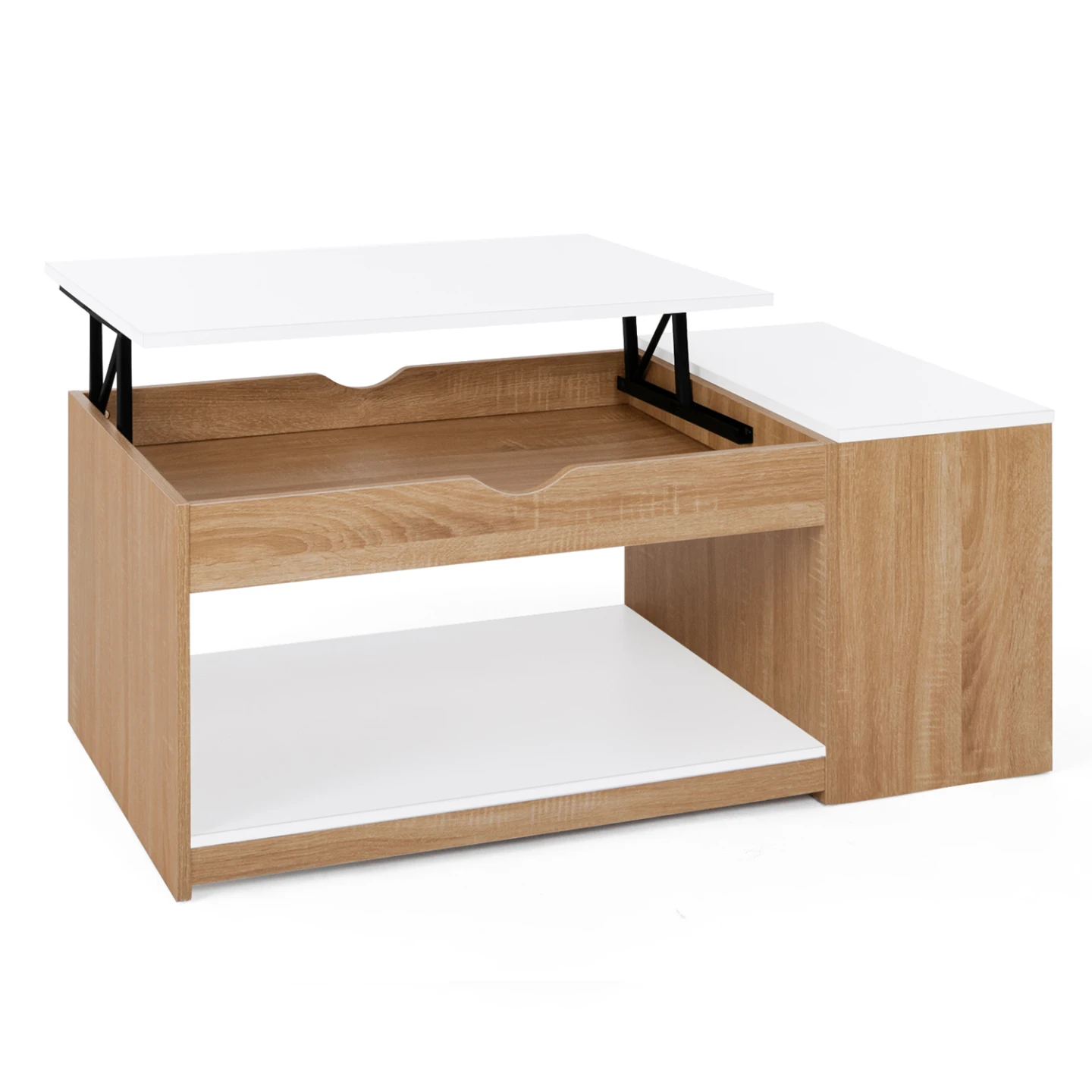 Table basse plateau relevable rectangulaire ELEA avec coffre bois façon hêtre et blanc