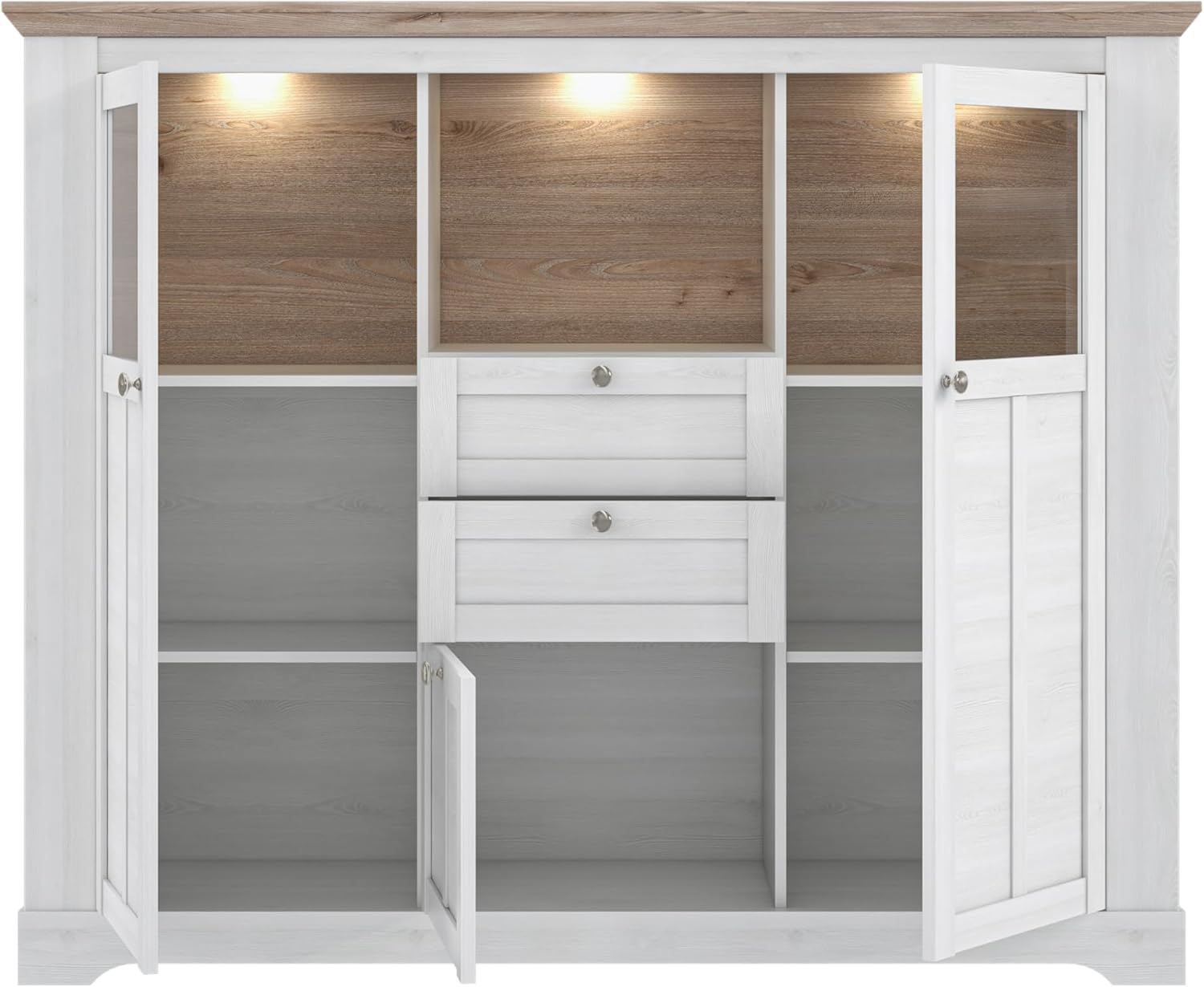 Forte ILOPPA Vitrine 165, Vitrine mit 3 Türen und 2 Schubladen, Vitrinenschrank im Landhausstil, Holzwerkstoff, Nelson Eiche/Schneeeiche Holzdekor, 165 cm breit x 136,1 cm hoch x 44,3 cm tief