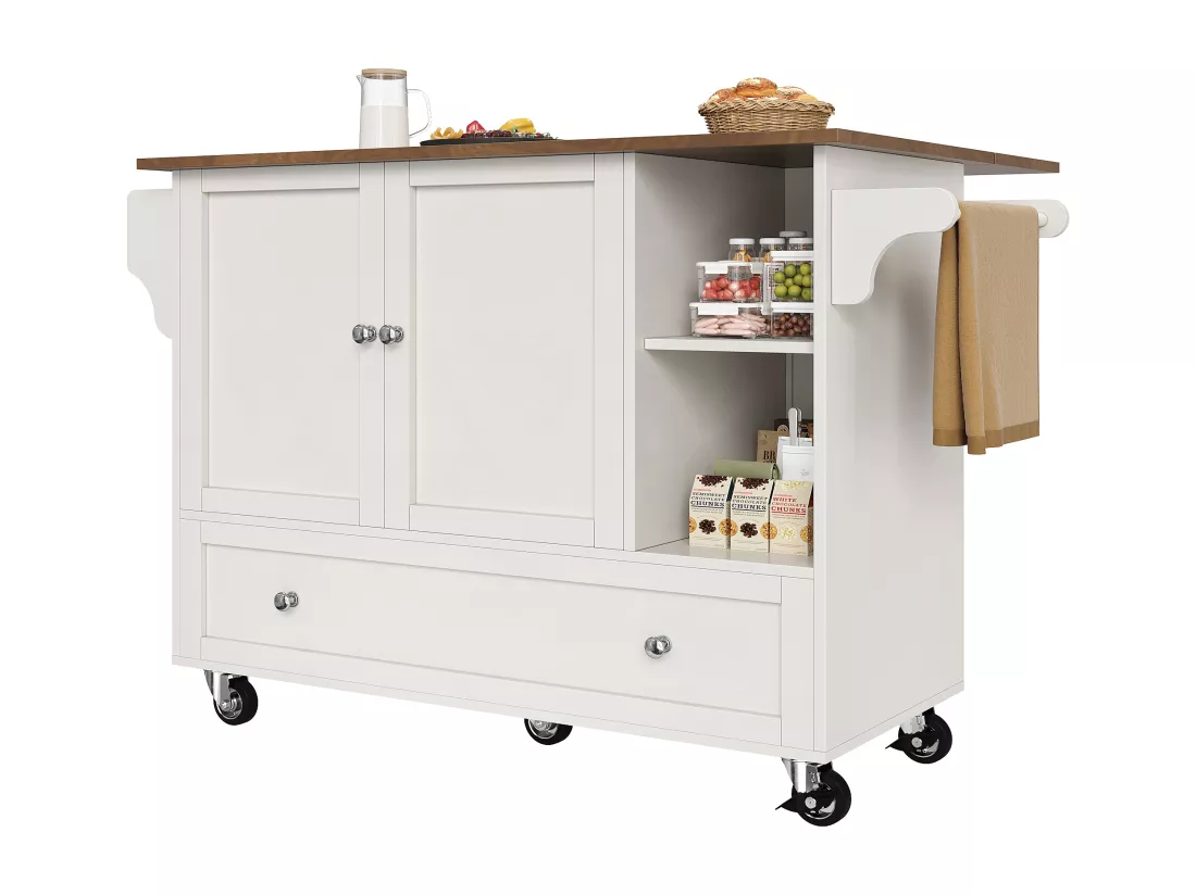 Ilot central de cuisine - chariot à roulette avec plateau extensible - 1 tiroirs et 2 portes - Blanc