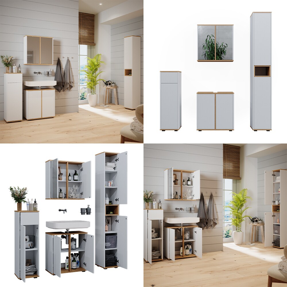 Vicco Badmöbel-Set Didi Weiß Eiche 4 Teile Hochschrank Midischrank mit Schublade
