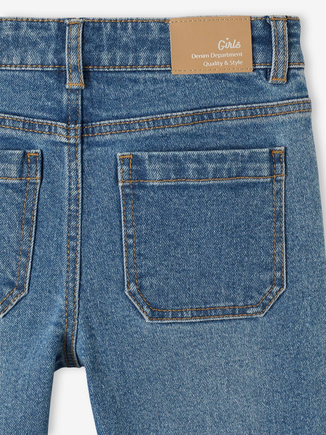 Calça jeans azul boca de sino estilo pirata para meninas