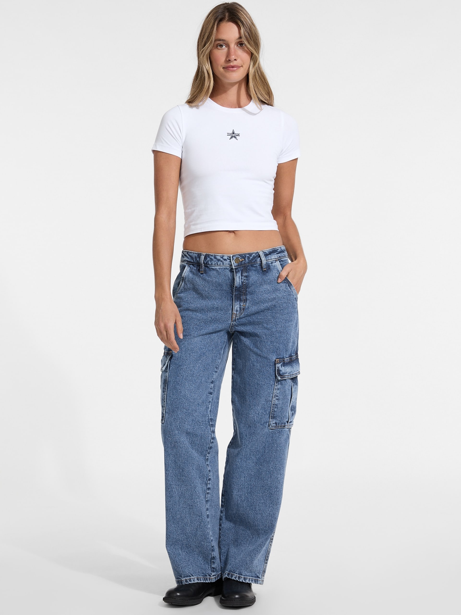 Calça jeans cargo reta G10