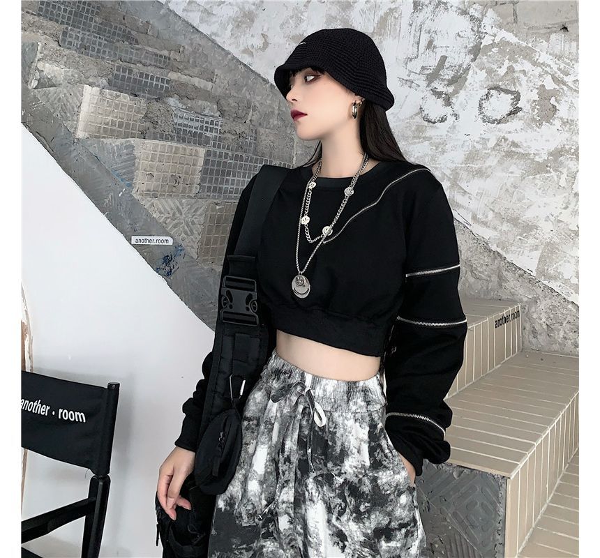 Kenning - Ronde hals effen cropped sweatshirt met meerdere ritsen