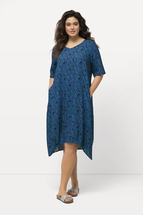 Kleid, Leinenmix, Bogensaum, V-Ausschnitt, Halbarm
