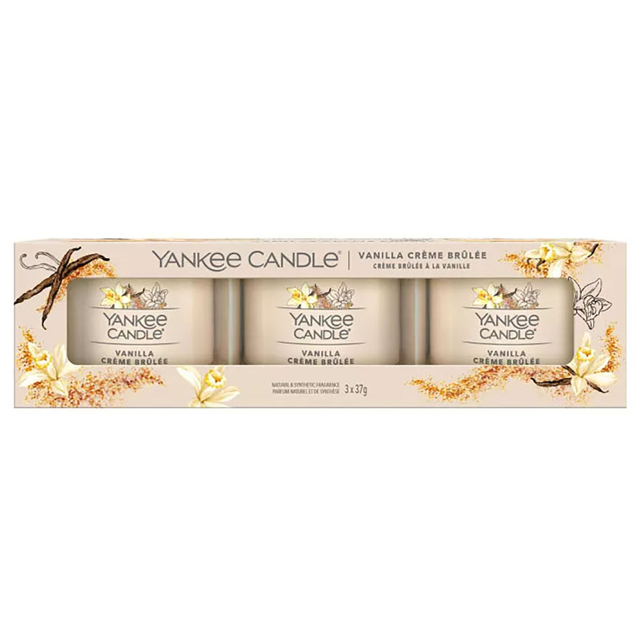 Yankee Candle Coffret 3 Bougies parfumées votives Crème brulée à la vanille Signature - 1 mèche 10h