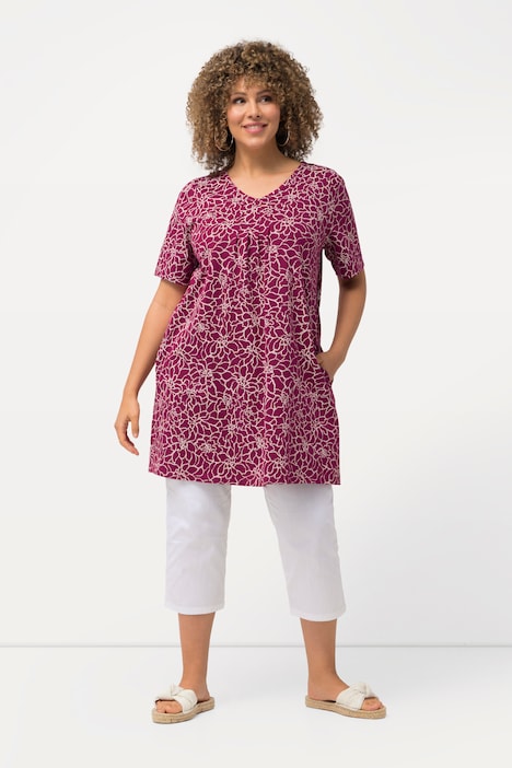 Longshirt, Zierfalten, A-Linie, V-Ausschnitt, Halbarm