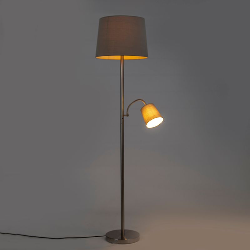 Klassieke vloerlamp staal met grijze kap en leeslampje - Retro