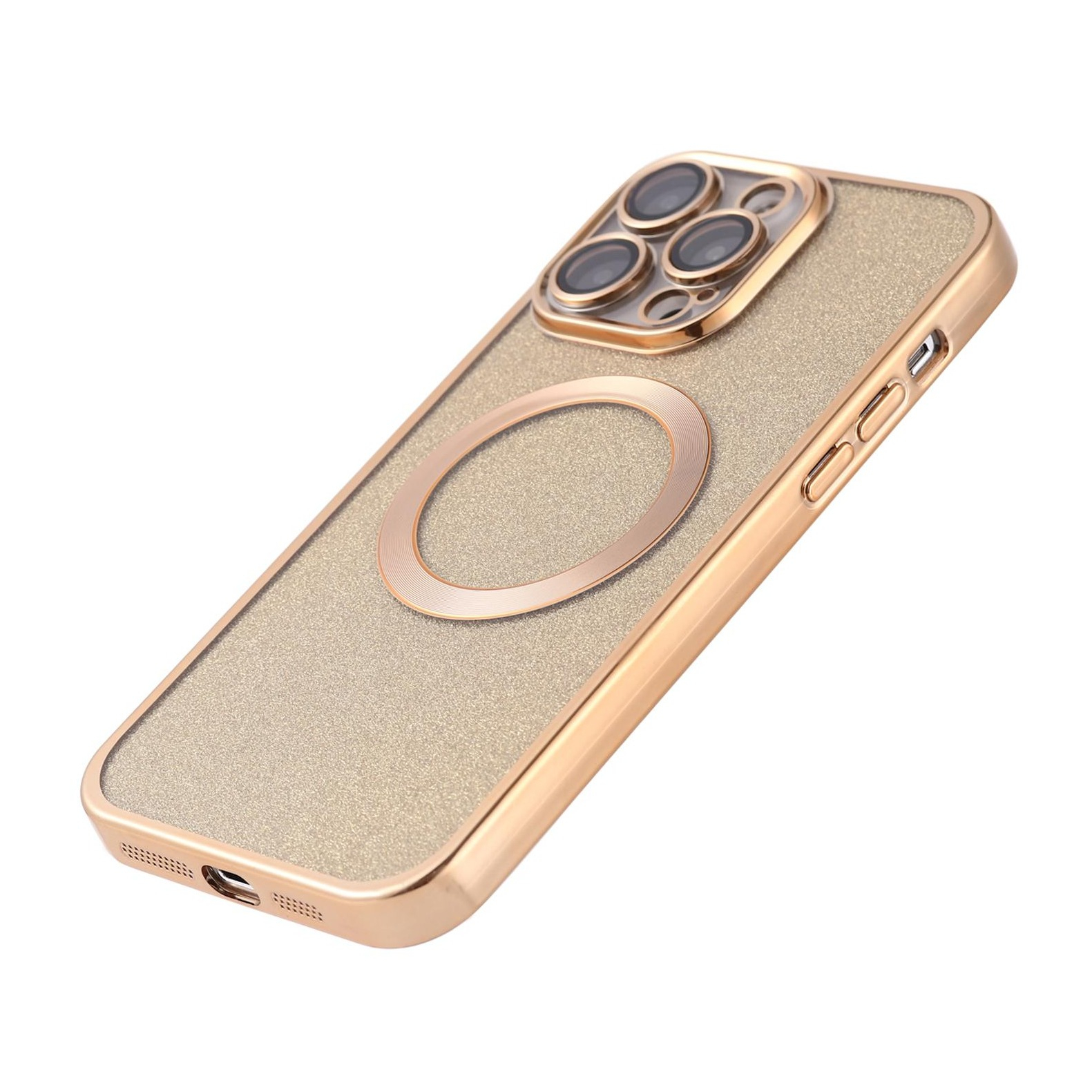 iPhone 13 Pro MagSafe Gummi Case Hülle mit Acryl Kameraglasschutz im Glitzer Design - Gold / Transparent
