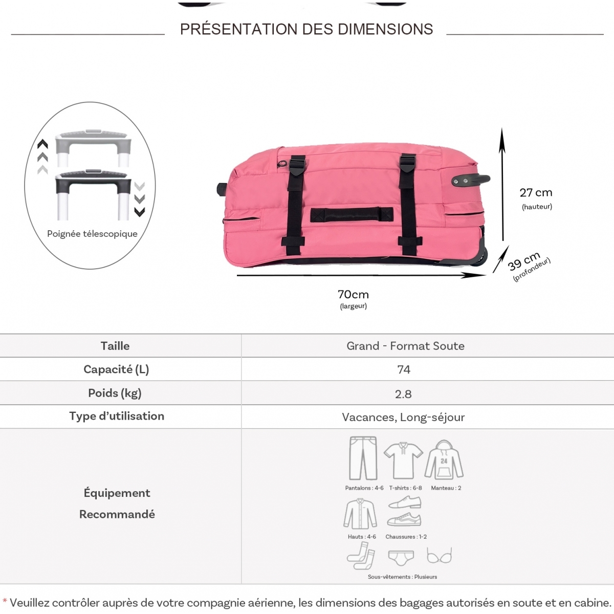 David Jones Sac de voyage cabine à roulettes 74L double compartiment David Jones taille L 70cm