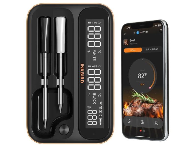 Inkbird Fleischthermometer INT-12-BW Doppelsonde Dual-Modus, Dual-Sonde WiFi & Bluetooth Grill-Thermometer INT-12-BW