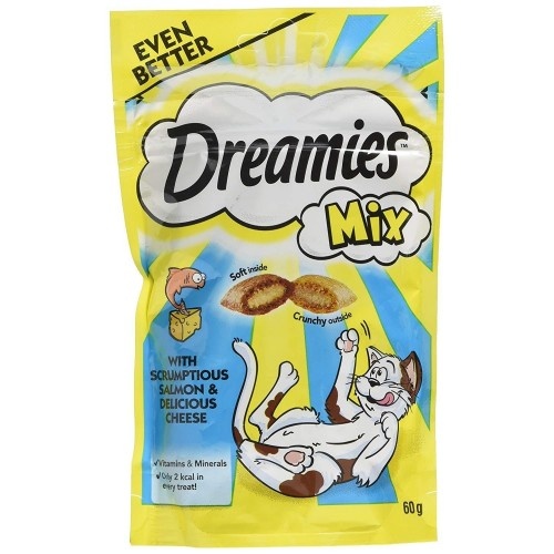 Petiscos para gatos com salmão e queijo, sabor natural.