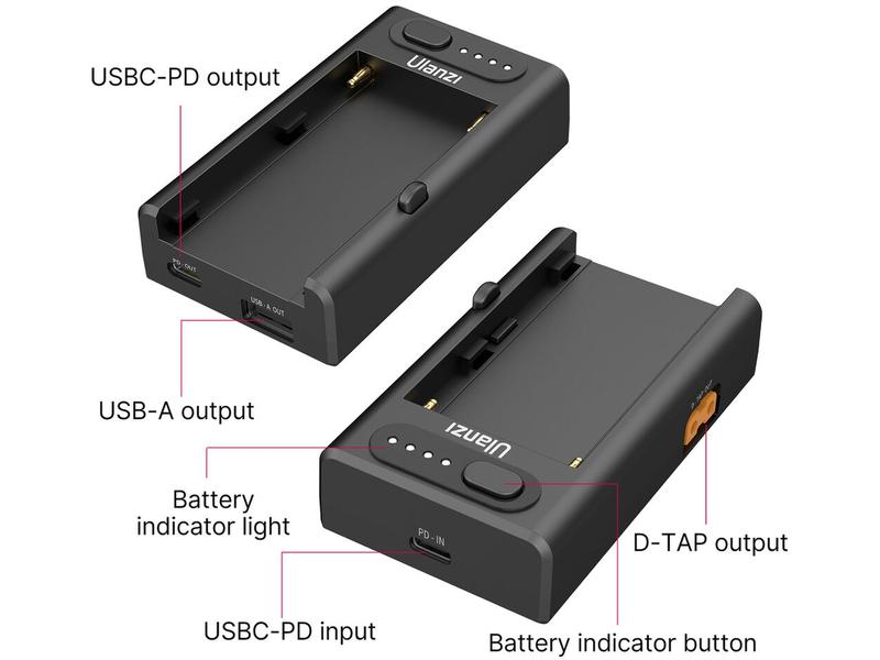 Ulanzi Ladegerät NP-F01 Ulanzi NP-F01 Multifunktionales Akku-Ladegerät/Netzteil für Sony L-Serie, AC, Chemie-Li-Ion, 1 Position, W/O-Ausgang, USB, Quick Charge