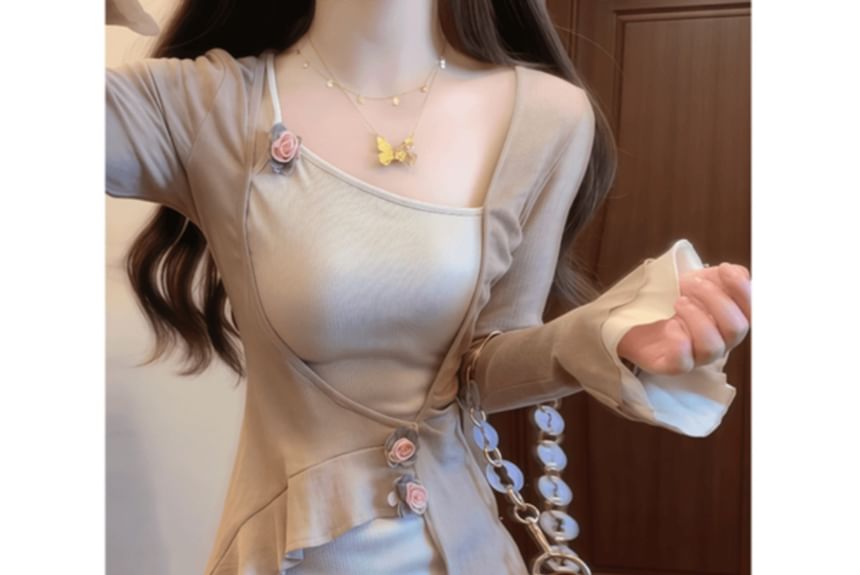 closetaine - Mock Two-Piece Long-Sleeve Two Tone Maxi Sheath Dress