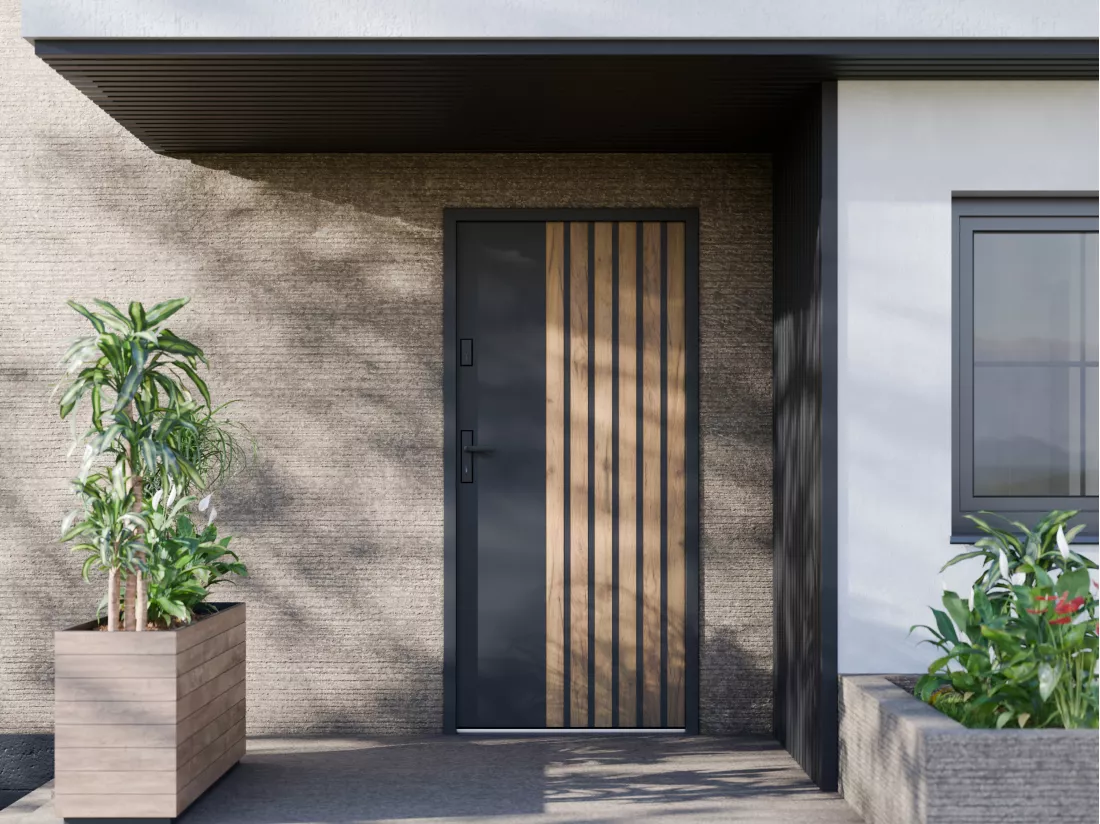 Porte d'entrée pleine en acier H207 x L100 cm - Noir avec rayures effet chêne - poussant droit - COBRITA