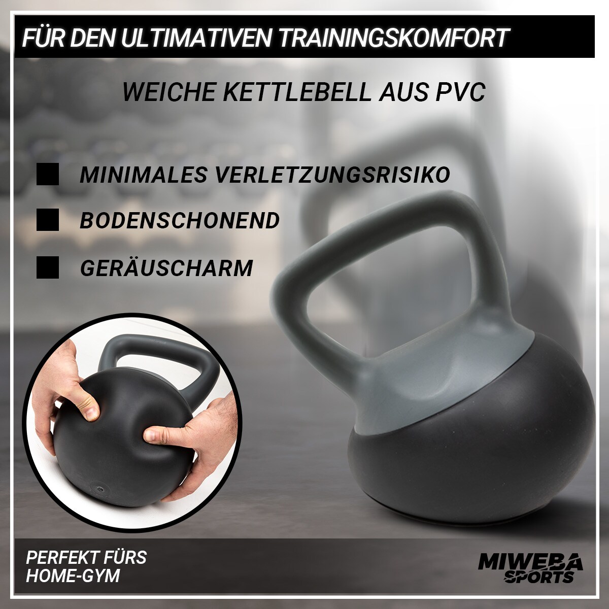 Miweba Sports Soft-Kettlebell KB100, 4-10 kg, PVC-Kugelhantel, Eisengranulat, rosa/türkis/grau (Grau, 10,0 kg)