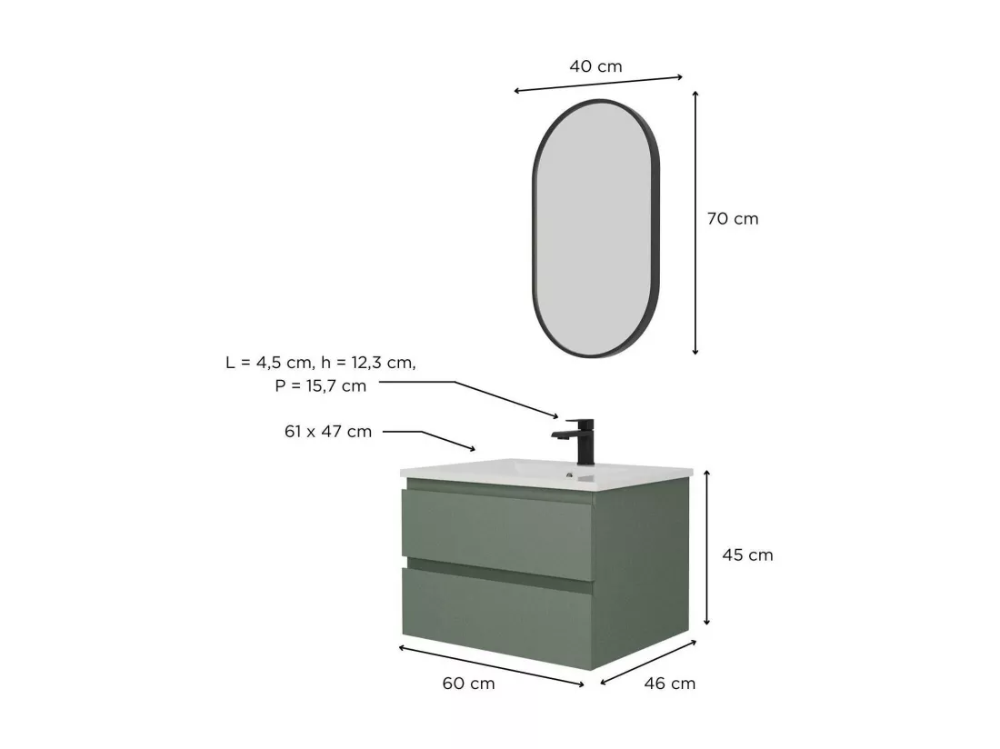 Ensemble meuble simple vasque 60 cm + robinet NETO + miroir Pepper
