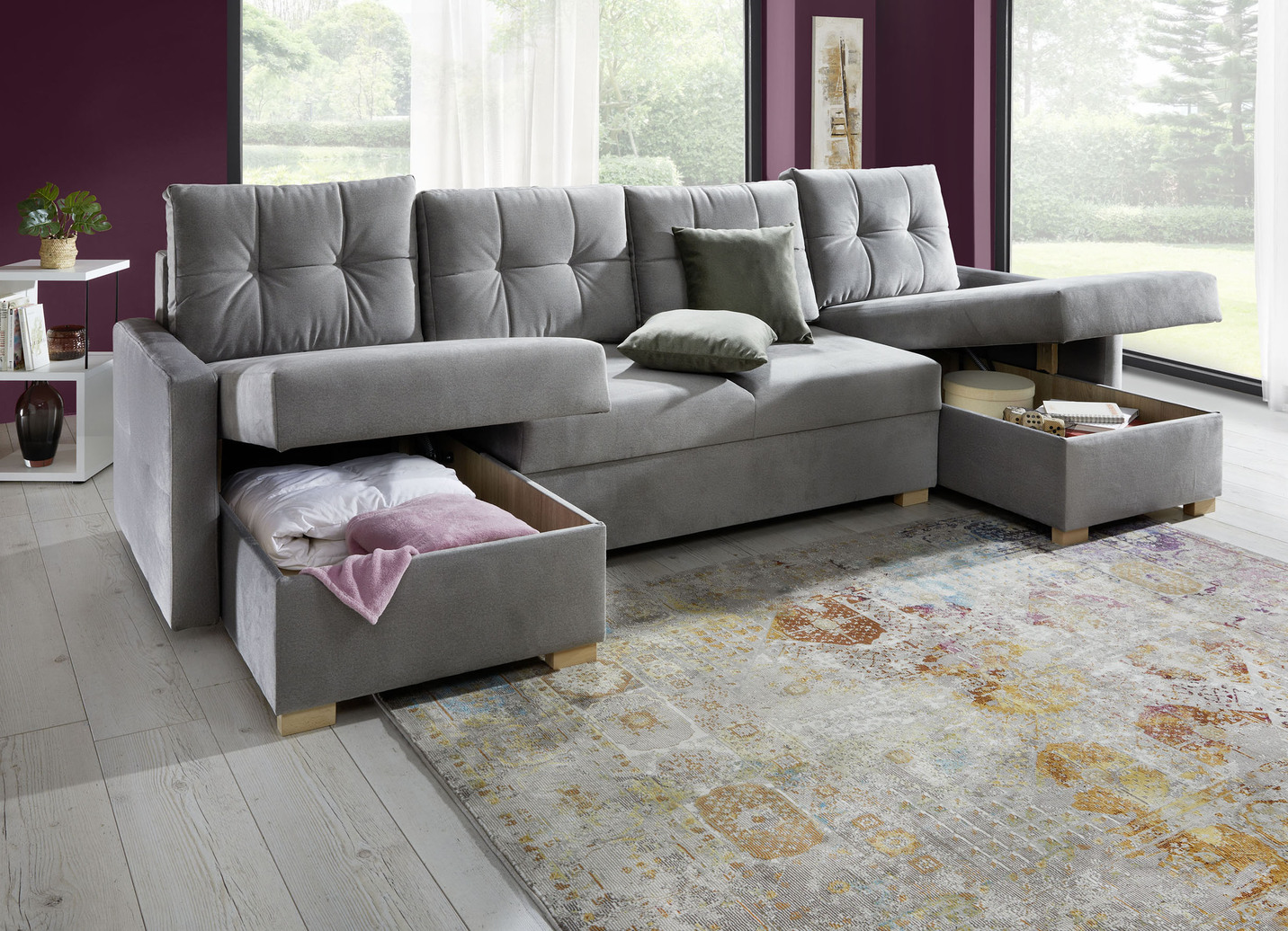 Gemütliche Wohnlandschaft mit Bettfunktion und 3 Bettkästen