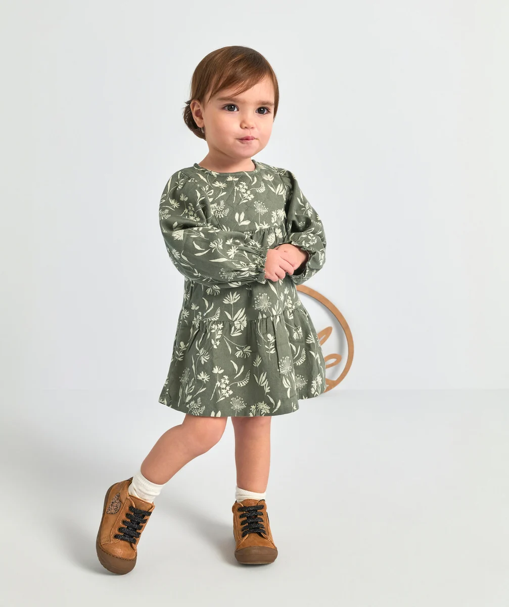 ROBE BÉBÉ FILLE EN COTON IMPRIMÉE FLORAL BLANC ET VERT