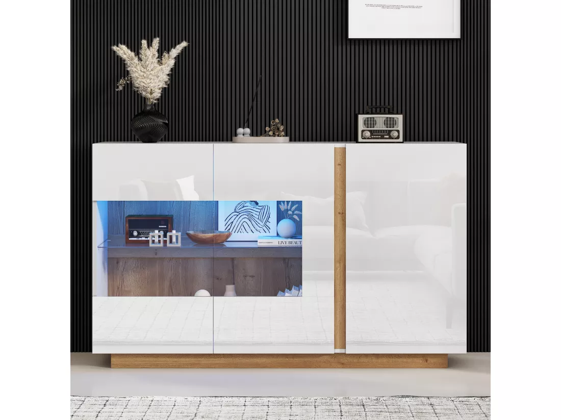 Buffet moderne avec 3 portes - 138 x 38 x 90.5 cm - Panneaux de particules - pour salon, salle à manger - Blanc