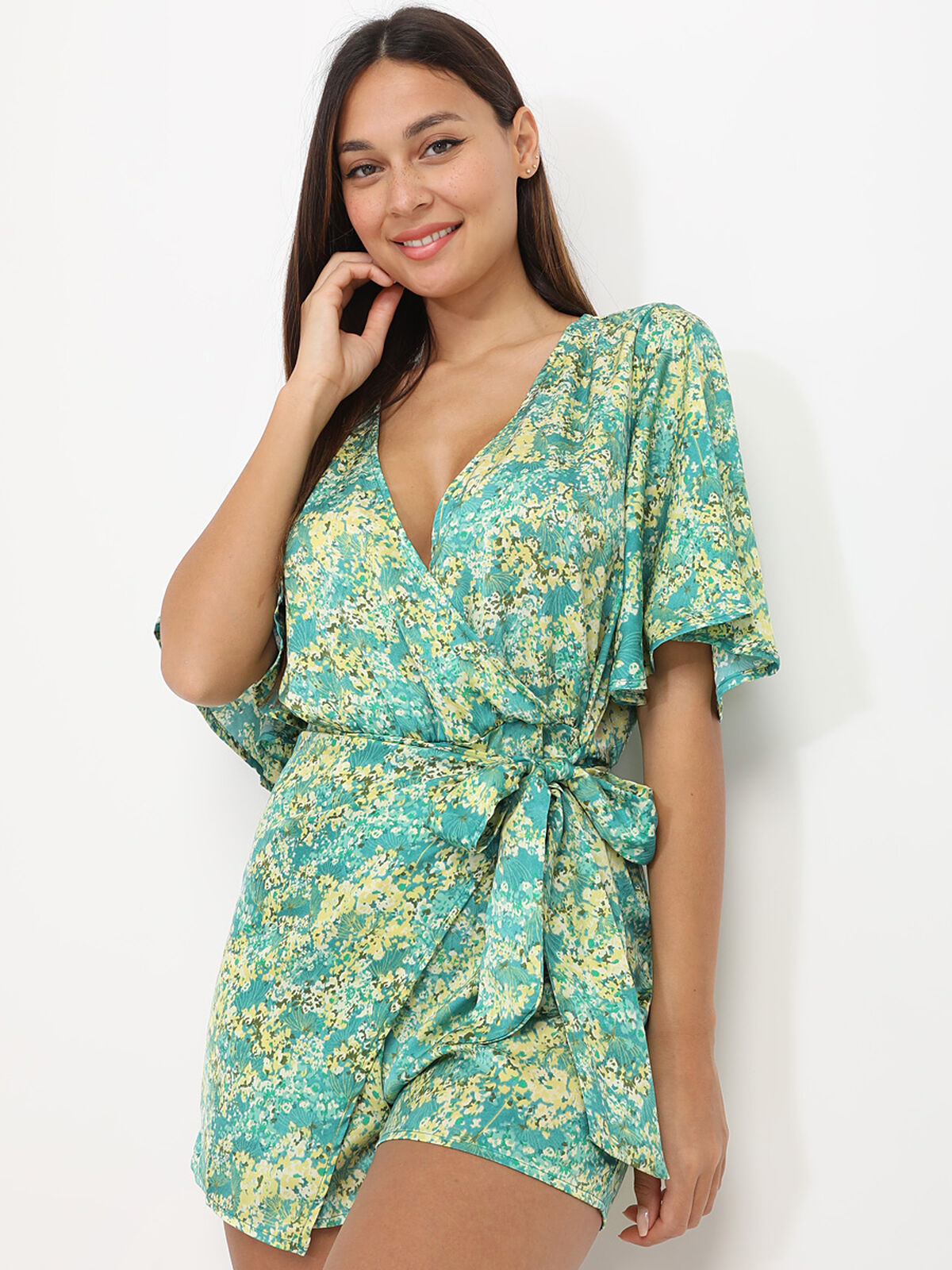 Combinaison jupe short à fleurs- Vert