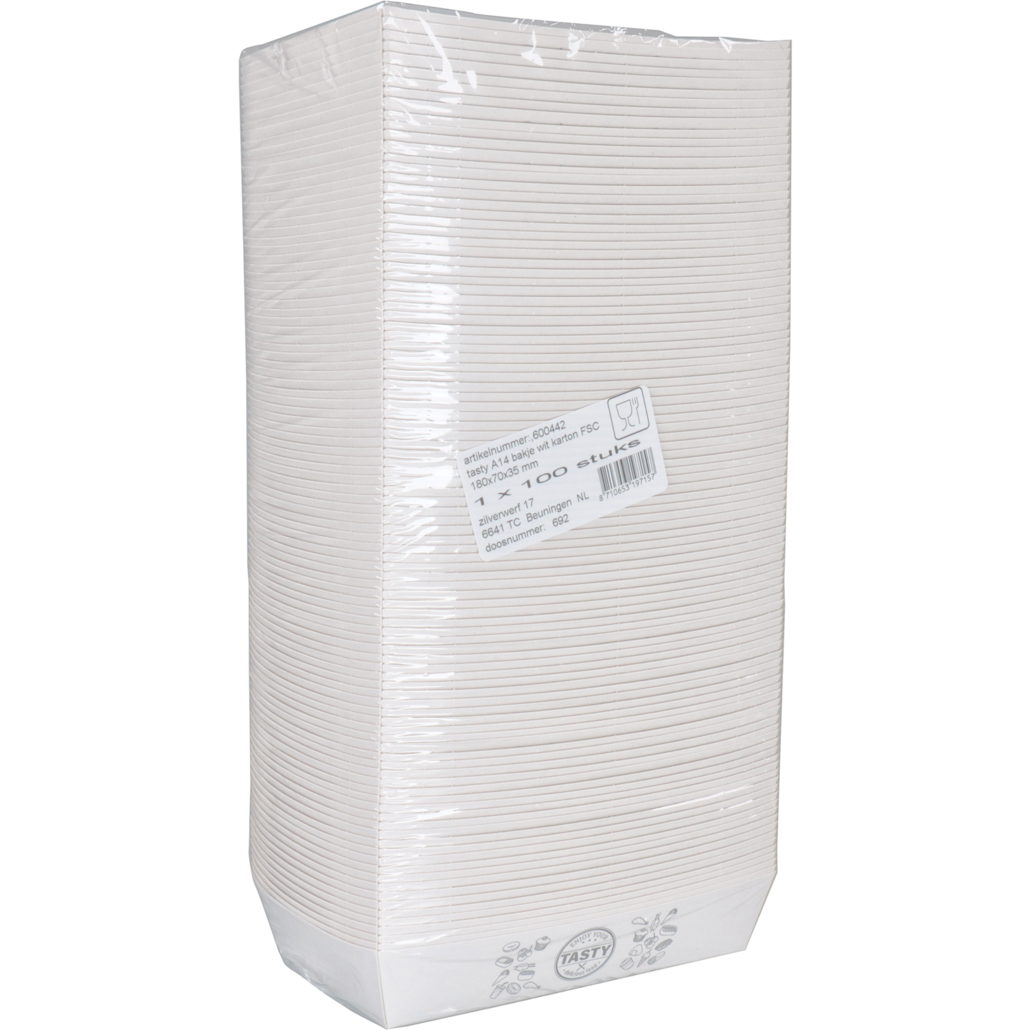 Bak, Karton + kleicoating, A14, TASTY, snackbak, 157x88x35mm, wit